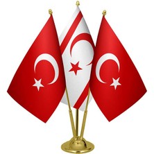 Satürn Design Masaüstü Kktc Bayrağı Türk Bayrağı Üçlü Pirinç Direk Masa Bayrak Seti