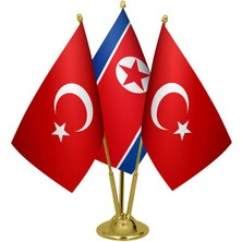 Satürn Design Masaüstü Kuzey Kore Bayrağı Türk Bayrağı Üçlü Pirinç Direk Masa Bayrak Seti