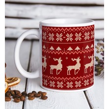 BK Gift Yılbaşı Tasarımlı Desenli Beyaz Porselen Kupa Bardak 330 ml Tek Parça Renkli