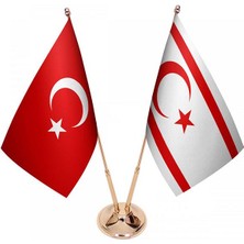 Satürn Masaüstü Kktc Bayrağı Türk Bayrağı Ikili Pirinç Direk Masa Bayrak Seti