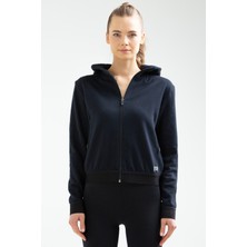 Speedlife Lacivert Slim Fit Düz Pamuklu Kapüşonlu Fermuarlı Kadın Sweatshirt - SC0962