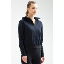 Speedlife Lacivert Slim Fit Düz Pamuklu Kapüşonlu Fermuarlı Kadın Sweatshirt - SC0962