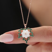Mia Vento Yeşil Taşlı Çınar Yaprağı Manolya Çiçeği Rose Renk Flowers Gümüş Kolye