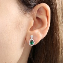 Mia Vento Pırlanta Montür Zarif Damla Sentetik Zümrüt Gümüş Küpe