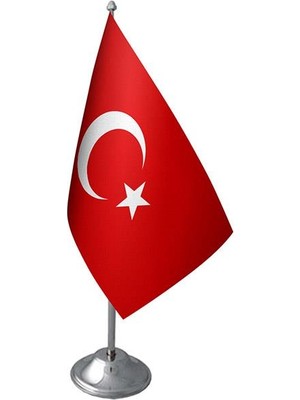 Satürn Design Masa Üstü Türk Bayrağı Krom Direk Seti 15x23 cm Kırmızı Çift Katlı Saten