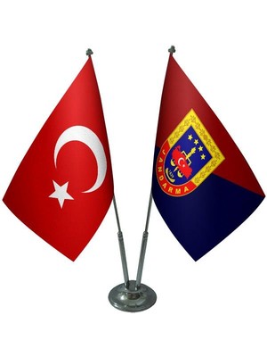 Satürn Design Masaüstü Jandarma Bayrağı Türk Bayrağı İkili Krom Direk Masa Bayrak Seti