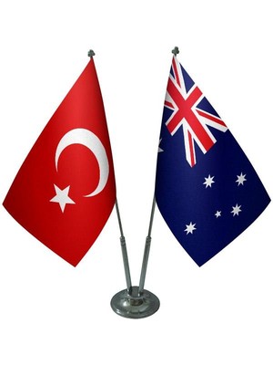 Satürn Design Masaüstü Avustralya Bayrağı Türk Bayrağı İkili Krom Direk Masa Bayrak Seti