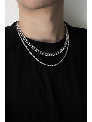 Bluem Kararmaz Çelik Ikili Zincir Set Arpa & Burgu - Ithal Kararmaz Çelik Erkek Zincir