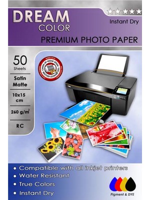 Dream Color Hp Yazıcılar Için Premium Satin Mat Fotoğraf Kağıdı 260 gr 10X15 50 Yaprak