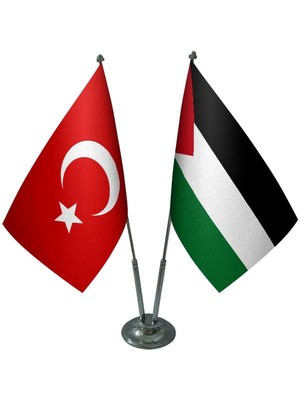 Satürn Design Masaüstü Filistin Bayrağı Türk Bayrağı İkili Krom Direk Masa Bayrak Seti