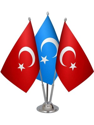 Satürn Design Masaüstü Doğu Türkistan Bayrağı Türk Bayrağı Üçlü Krom Direk Masa Bayrak Seti