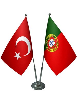 Satürn Design Masaüstü Portekiz Bayrağı Türk Bayrağı İkili Krom Direk Masa Bayrak Seti