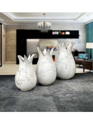 Otogar Çini El Yapımı 3 Lü Çini Lale Vazo Konsol Seti Gümüş Renk Yaldızlı-Mermer Dekorlu