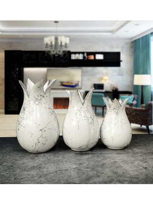 Otogar Çini El Yapımı 3 Lü Çini Lale Vazo Konsol Seti Gümüş Renk Yaldızlı-Mermer Dekorlu