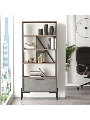 Robin Home Berlin D Ofis Kitaplık Metal Ayaklı Kahve-Beton-Antrasit Vs4-Cga