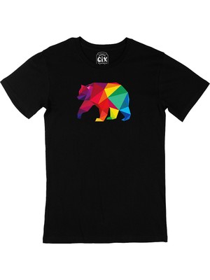 Cix Gökkuşağı Renkli Polygon Ayı Siyah T-Shirt