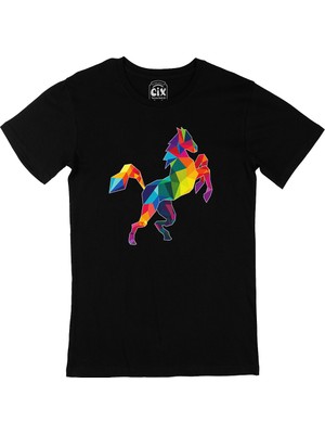 Cix Gökkuşağı Renkli Polygon At Siyah T-Shirt