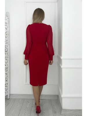 Ges Moda M1990 Kare Yaka Şifon Kollu Elbise Kırmızı