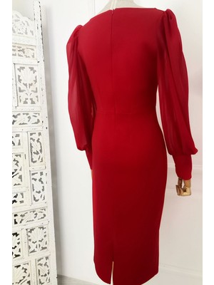 Ges Moda M1990 Kare Yaka Şifon Kollu Elbise Kırmızı