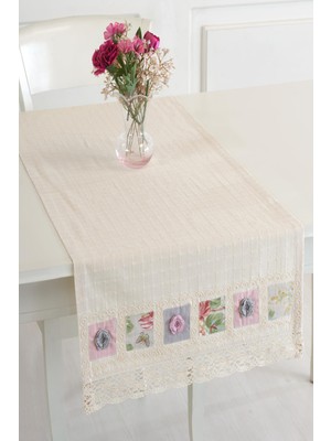 Ödel Home Naturel Yamalı Danteli İplik İşlemeli 50 x 130 cm Runner