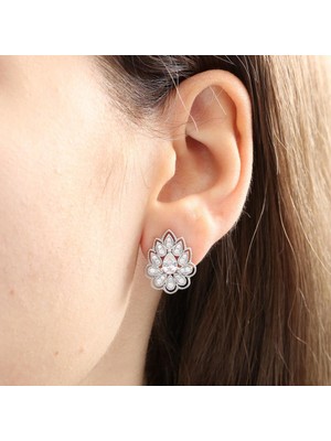 Mia Vento Pırlanta Montür Lotus Çiçeği Işıltılı Gümüş Küpe