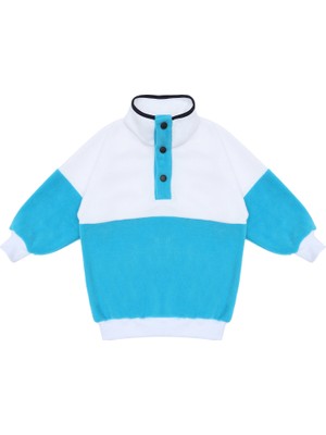 Berselüx Mazi Mavi, Beyaz Balıkçı Yaka Çıtçıtlı Kız-Erkek Çocuk Unisex Polar Sweatshirt 1-8 Yaş