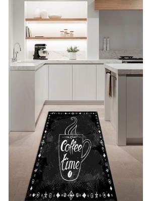 Decomia Home Dijital Baskılı Kaymaz Taban Yıkanabilir Coffe Bardak Temalı Gri Siyah Mutfak HALISI-D5019