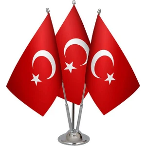 Masa Üstü Üçlü Türkiye Cumhuriyeti Bayrağı Üçlü Krom Direk Masa Bayrak Seti