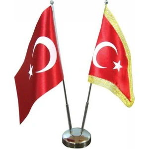 Masa Üstü Türk Bayrağı Biri Simli + Ikili Krom Direk Masa Bayrak Seti
