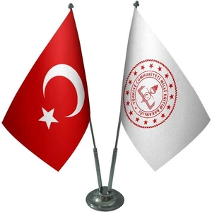 Satürn Design Masaüstü Milli Eğitim Bakanlığı Bayrağı Türk Bayrağı İkili Krom Direk Masa Bayrak Seti