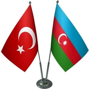 Satürn Design Masaüstü Azerbaycan Bayrağı Türk Bayrağı İkili Krom Direk Masa Bayrak Seti