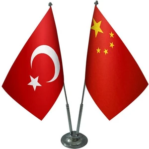 Satürn Design Masaüstü Çin Bayrağı Türk Bayrağı İkili Krom Direk Masa Bayrak Seti