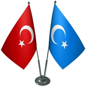 Satürn Design Masaüstü Doğu Türkistan Bayrağı Türk Bayrağı İkili Krom Direk Masa Bayrak Seti