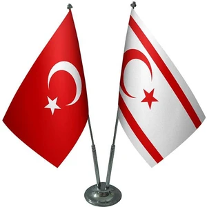 Masaüstü Kktc Bayrağı Türk Bayrağı İkili Krom Direk Masa Bayrak Seti