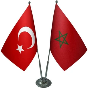 Satürn Design Masaüstü Fas Bayrağı Türk Bayrağı İkili Krom Direk Masa Bayrak Seti
