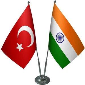 Satürn Design Masaüstü Hindistan Bayrağı Türk Bayrağı İkili Krom Direk Masa Bayrak Seti