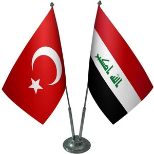 Satürn Design Masaüstü Irak Bayrağı Türk Bayrağı İkili Krom Direk Masa Bayrak Seti