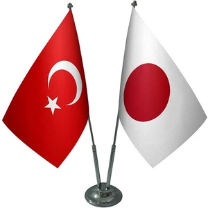 Satürn Design Masaüstü Japonya Bayrağı Türk Bayrağı İkili Krom Direk Masa Bayrak Seti