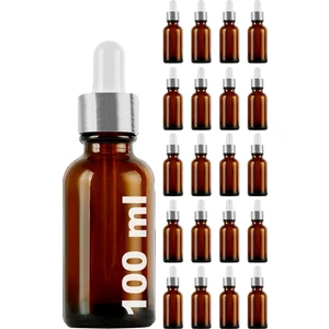 100 cc Amber Damlalık Metal Gümüş Sızdırmaz Kapaklı 100 ml Dropper Cam Serum Şişesi 20 Adet