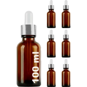 100 cc Amber Damlalık Metal Gümüş Sızdırmaz Kapaklı 100 ml Dropper Cam Serum Şişesi 6 Adet