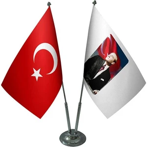 Satürn Design Masaüstü Atatürk Bayrağı Türk Bayrağı İkili Krom Direk Masa Bayrak Seti
