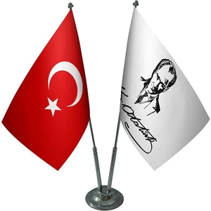 Satürn Design Masaüstü Atatürk Imzalı Bayrağı Türk Bayrağı İkili Krom Direk Masa Bayrak Seti
