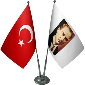 Satürn Design Masaüstü Atatürk Bayrağı Türk Bayrağı İkili Krom Direk Masa Bayrak Seti