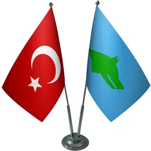 Satürn Design Masaüstü Göktürk Bayrağı Türk Bayrağı İkili Krom Direk Masa Bayrak Seti