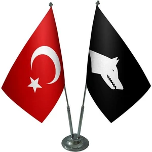 Masaüstü Siyah Göktürk Bayrağı Türk Bayrağı İkili Krom Direk Masa Bayrak Seti