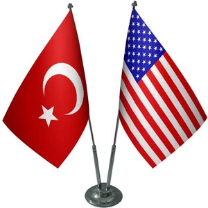 Satürn Design Masaüstü Amerika Bayrağı Türk Bayrağı İkili Krom Direk Masa Bayrak Seti