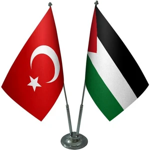 Satürn Design Masaüstü Filistin Bayrağı Türk Bayrağı İkili Krom Direk Masa Bayrak Seti