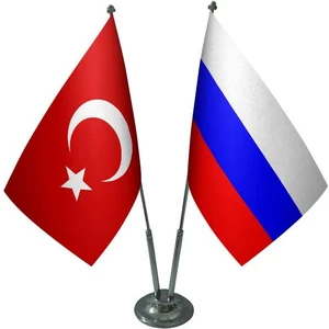 Satürn Design Masaüstü Rusya Bayrağı Türk Bayrağı İkili Krom Direk Masa Bayrak Seti