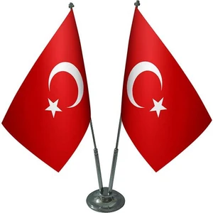 Satürn Design Masaüstü İkili Türkiye Cumhuriyeti Bayrağı İkili Krom Direk Masa Bayrak Seti