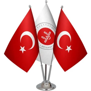 Satürn Design Masaüstü Diyanet Işleri Bayrağı Türk Bayrağı Üçlü Krom Direk Masa Bayrak Seti
